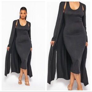 NEW TRENDY SOLID BLACK TWO PIECE TANK TOP MIDI DRESS LONG CARDIGAN SET